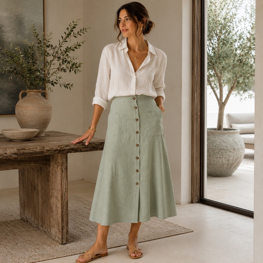 Linen Blend Soft Sage Green A-Line Midi Skirt Button Front Pockets XL